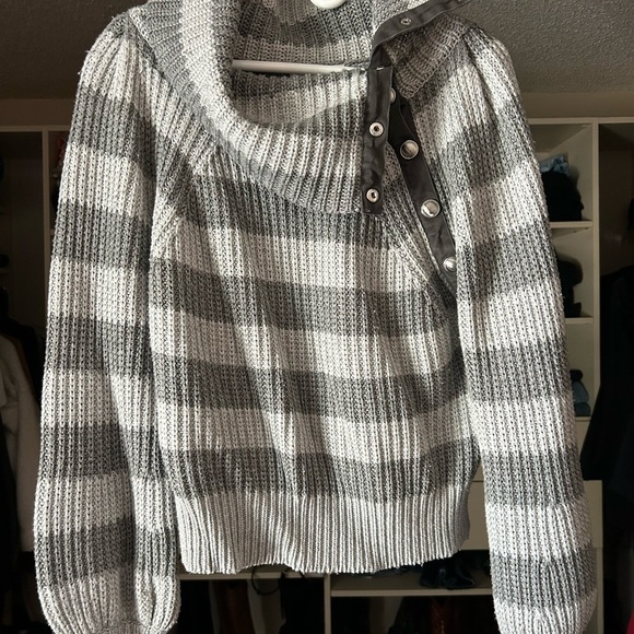 Derek Lam Gray and White Striped V-Neck Sweater - Picture 2 of 3